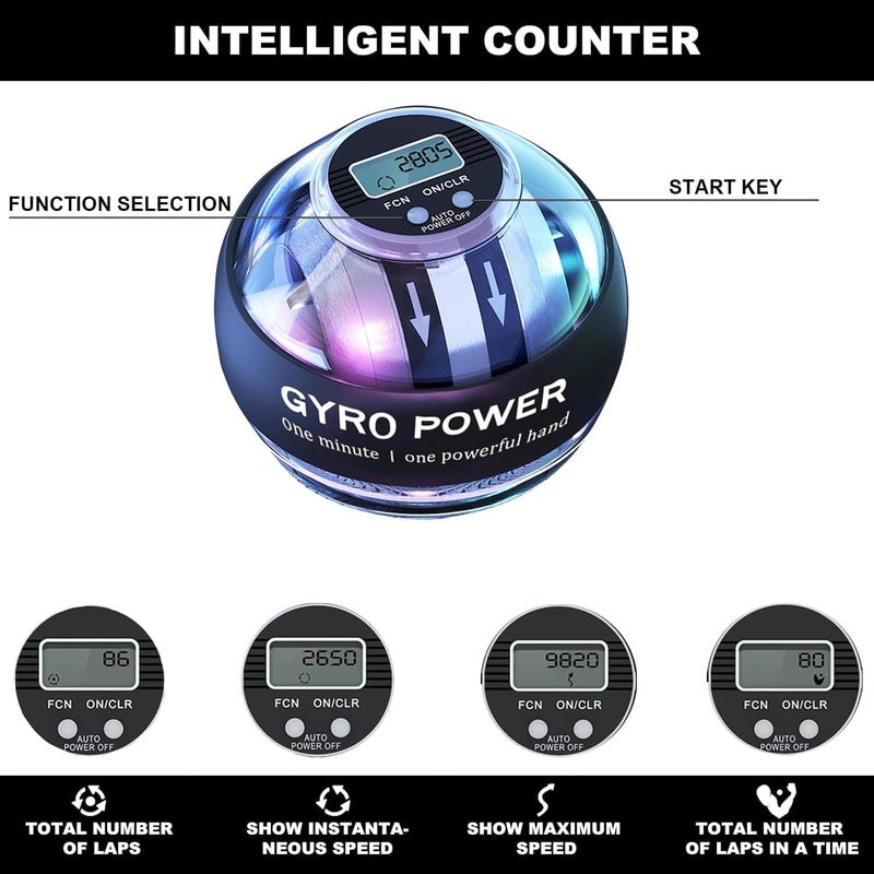 SUMMERLANGUAGE Wrist Power Gyro Ball with Counter, Curaball Torque Ball Hand Exerciser Grip Strength Trainer, Auto-Start Colorful LED Lighting (Black-Colorful Light with Counter) - Image 2